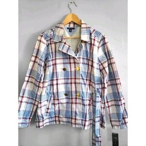 Tommy Hilfiger Rain Coat  Womens Large Blue Plaid Double Breast Gold Buttons NWT